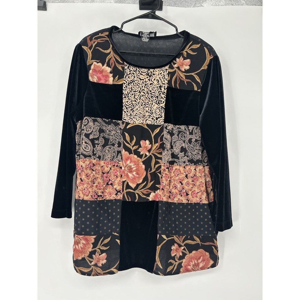 Carole‎ Little Vintage Black Velvet Floral Patchwork Tunic Blouse Womens 14P